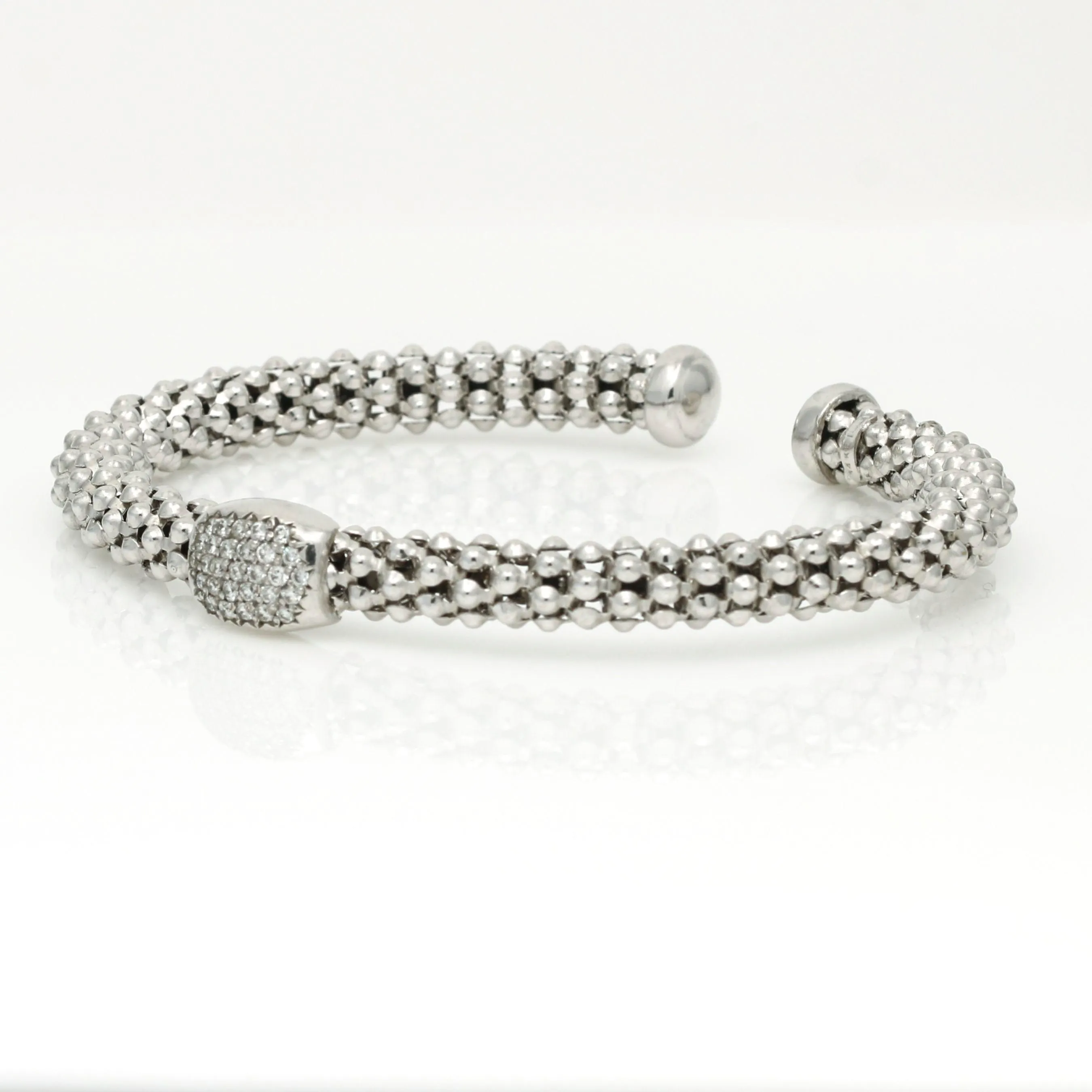 Women's Pave Diamond Station Beaded Textured Cuff Bracelet 14k White Gold