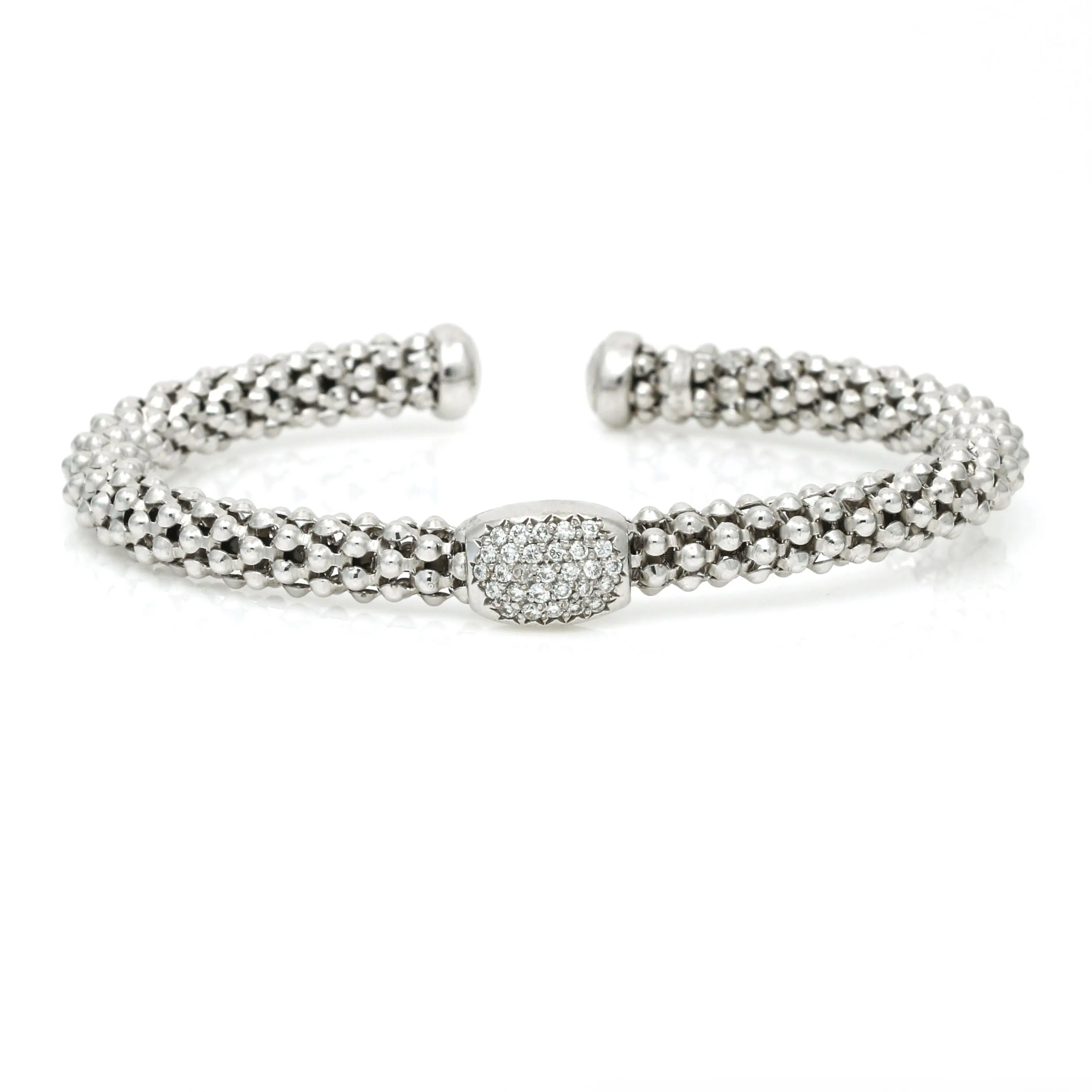 Women's Pave Diamond Station Beaded Textured Cuff Bracelet 14k White Gold