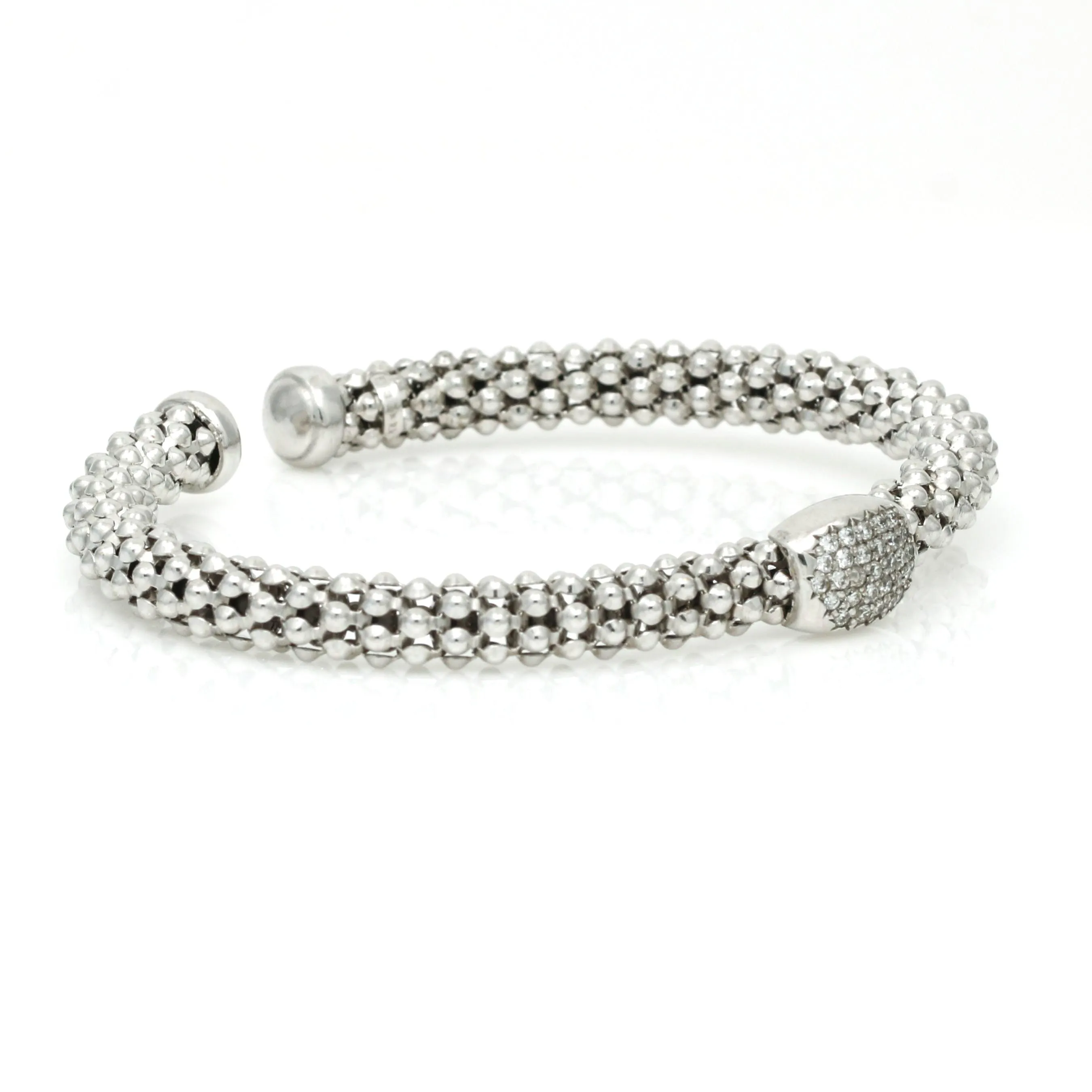 Women's Pave Diamond Station Beaded Textured Cuff Bracelet 14k White Gold