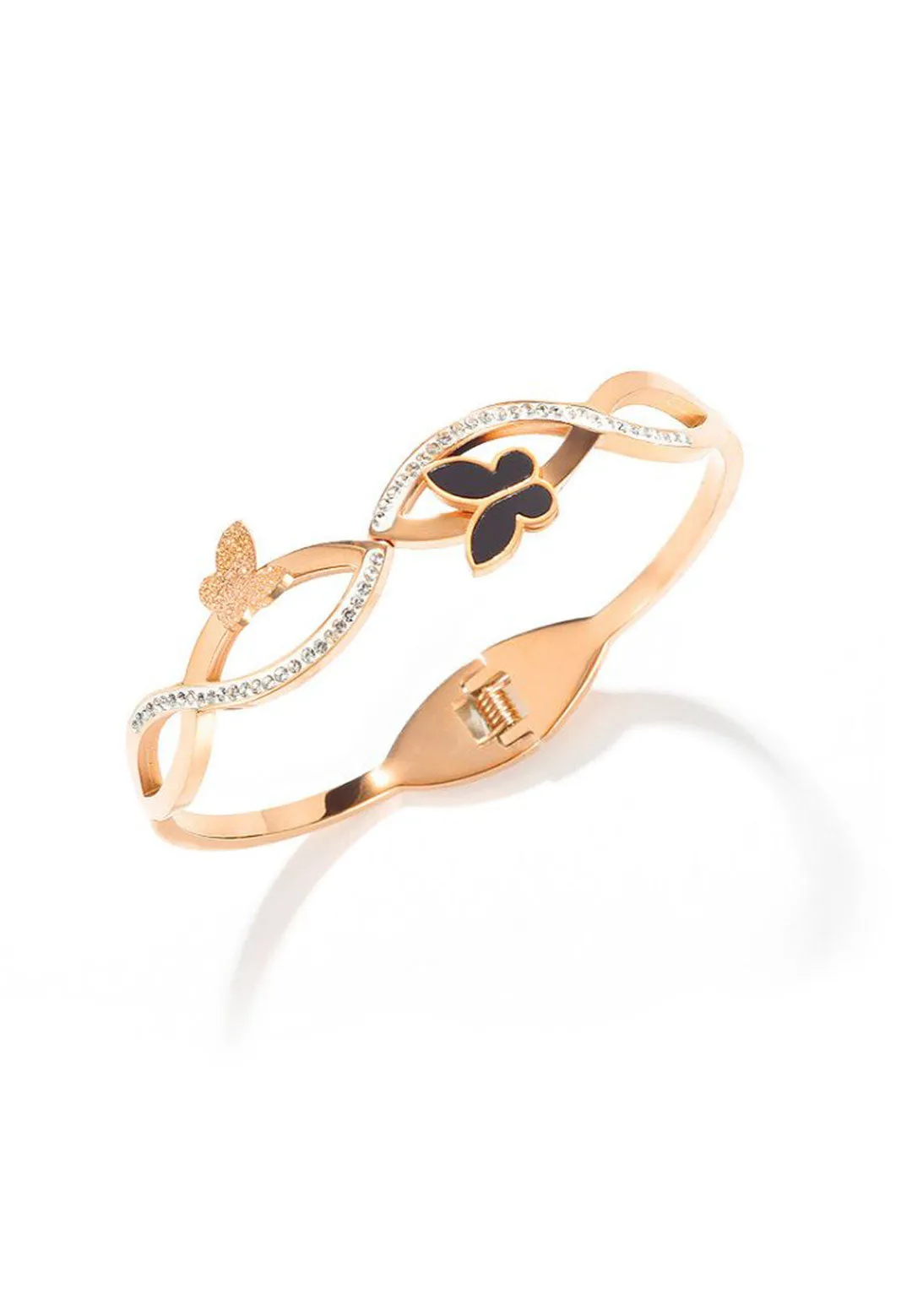 Yara Black Butterfly Entwined with Cubic Zirconia Cuff Bangle in Rose Gold