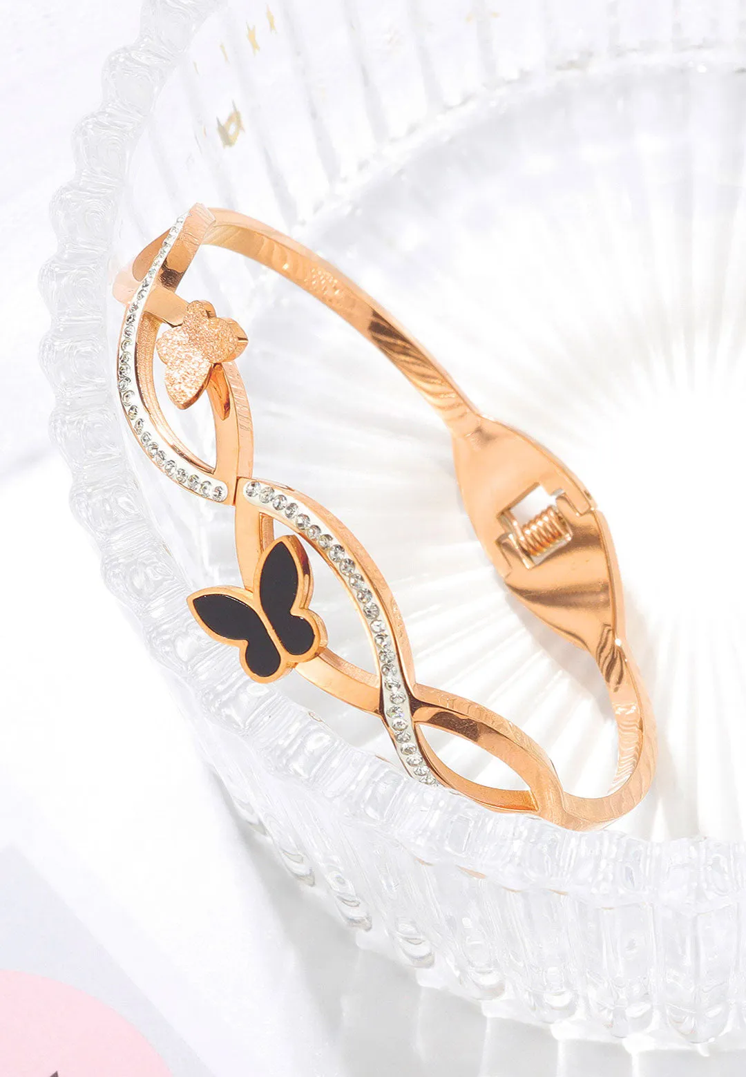 Yara Black Butterfly Entwined with Cubic Zirconia Cuff Bangle in Rose Gold